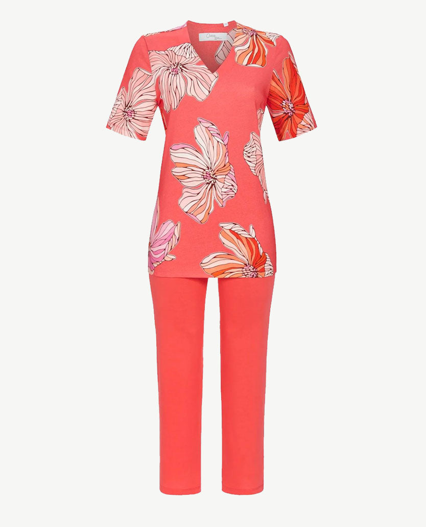 Ringella - Pyjama v-hals - 7/8 broek - Dessin koraal met roze en zalm