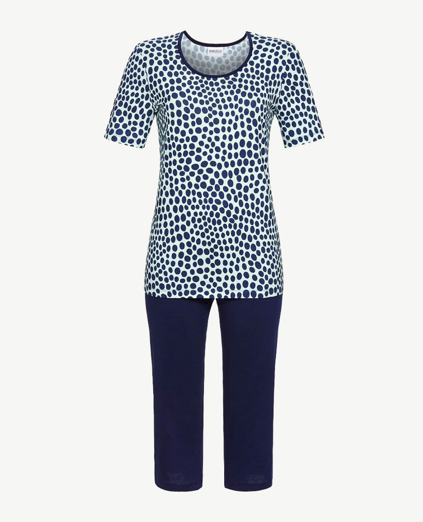 Ringella - Pyjama/lounge - met capribroek - Navy met groen grote nop