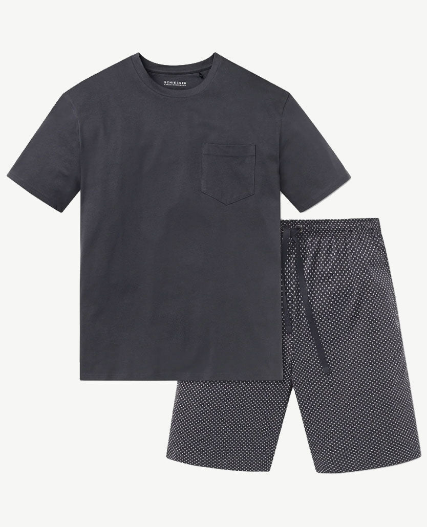 Schiesser - Herenpyjama met ronde hals - Korte mouw en broek - Dessin antraciet/wit