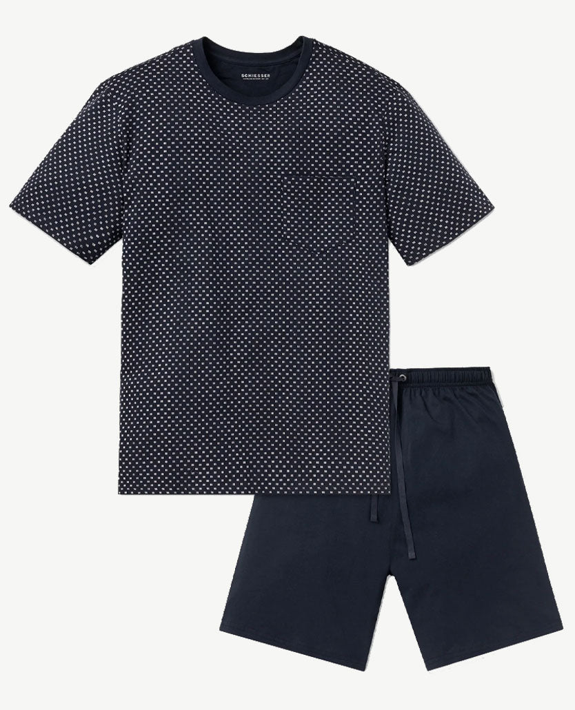 Schiesser - Herenpyjama met ronde hals - korte mouw en broek - Blokje marineblauw en wit
