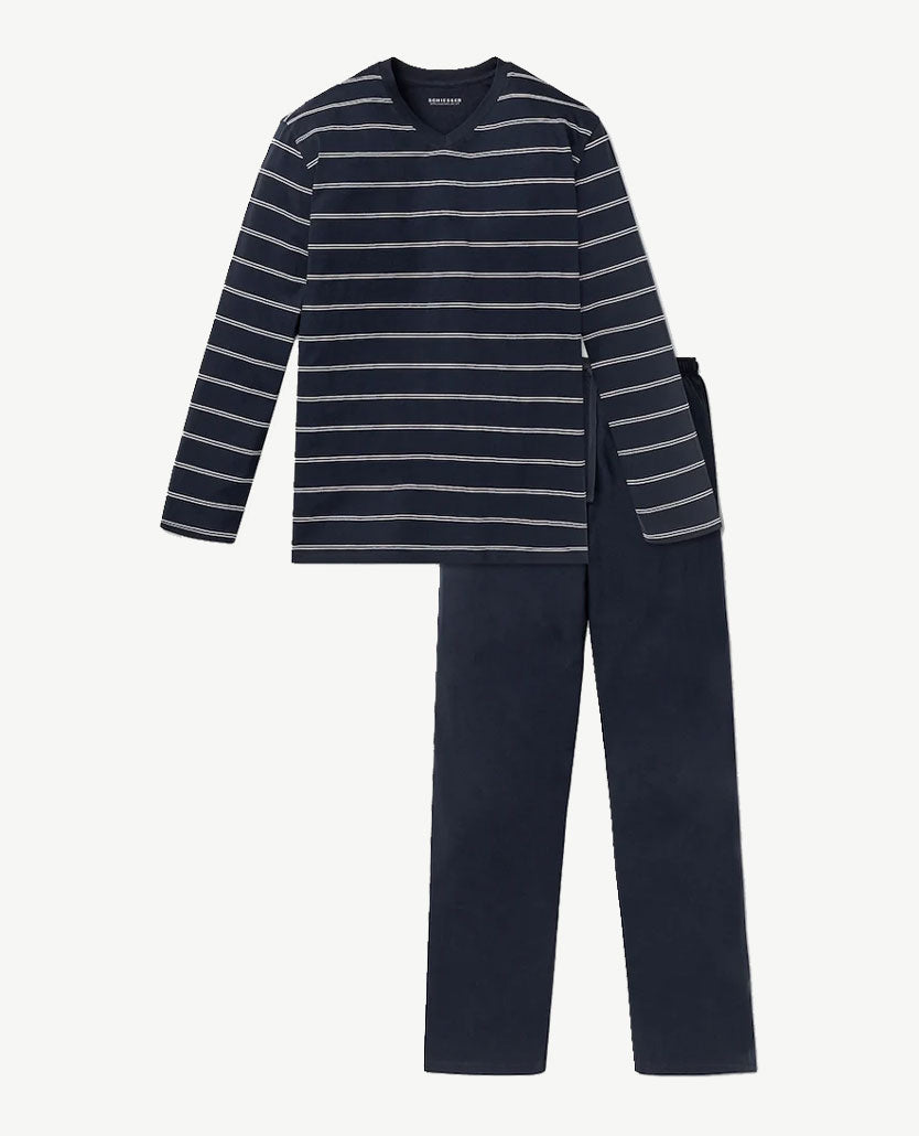 Schiesser - Herenpyjama met v- hals - uni broek - Streep navy en wit