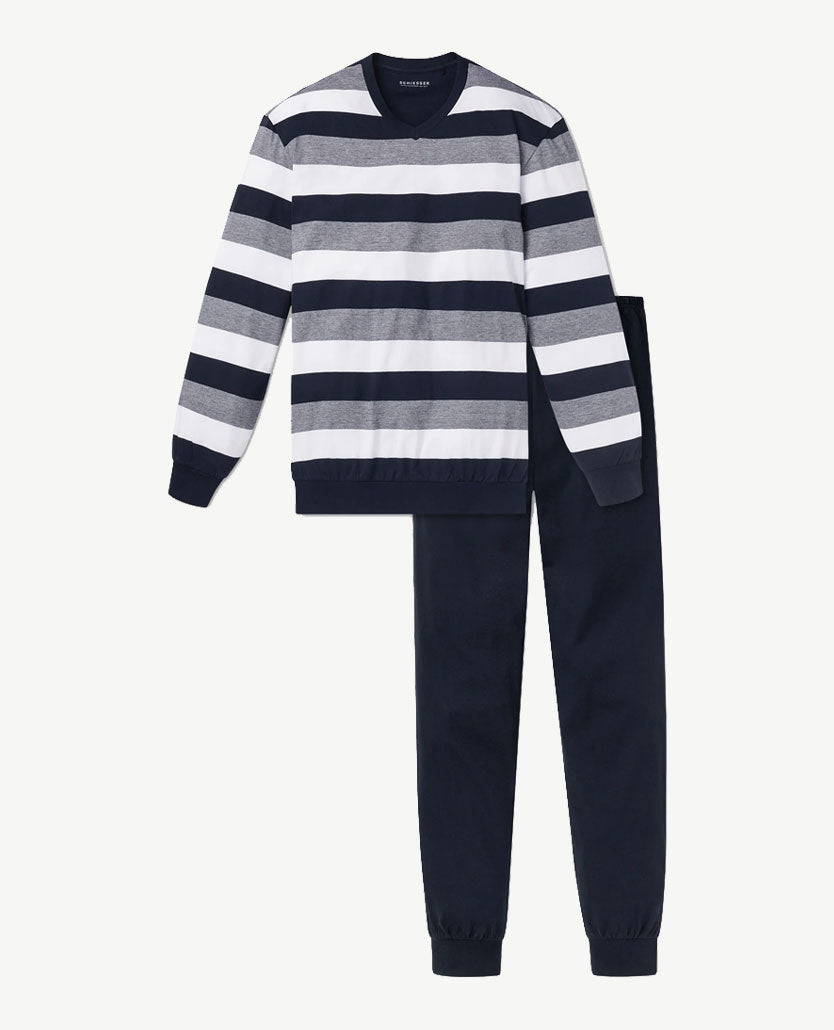 Schiesser - Herenpyjama met v- hals - uni broek - Streep navy, blauw en wit