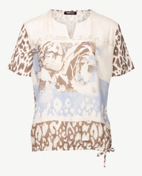 Frank Walder  - Blousontop - Ecru met skyblue en taupe