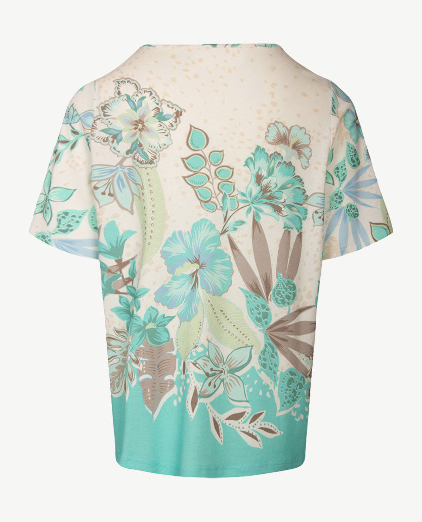 Frank Walder  - Top ronde hals - Bloem taupe met mint en off-white