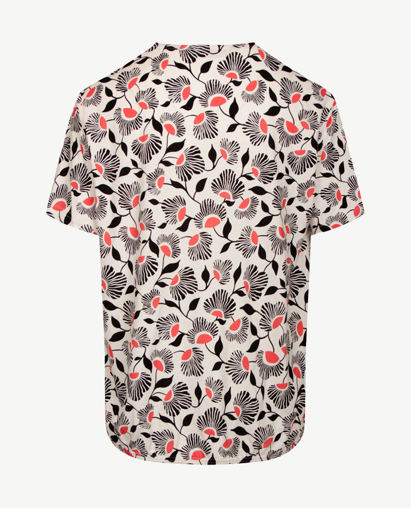 Frank Walder  - Blousontop - Bladdessin met koraal, wit en zwart