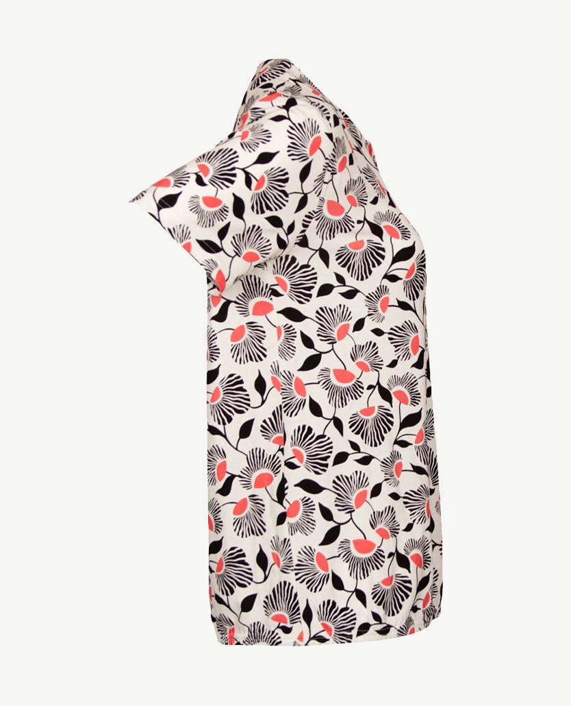 Frank Walder  - Blousontop - Bladdessin met koraal, wit en zwart