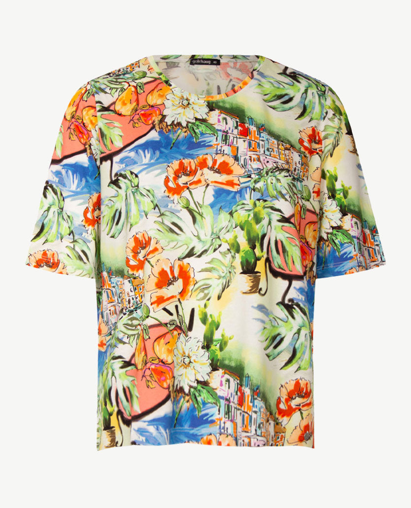 Gollé Haug - Top ronde hals - Tropical met blauw en groen