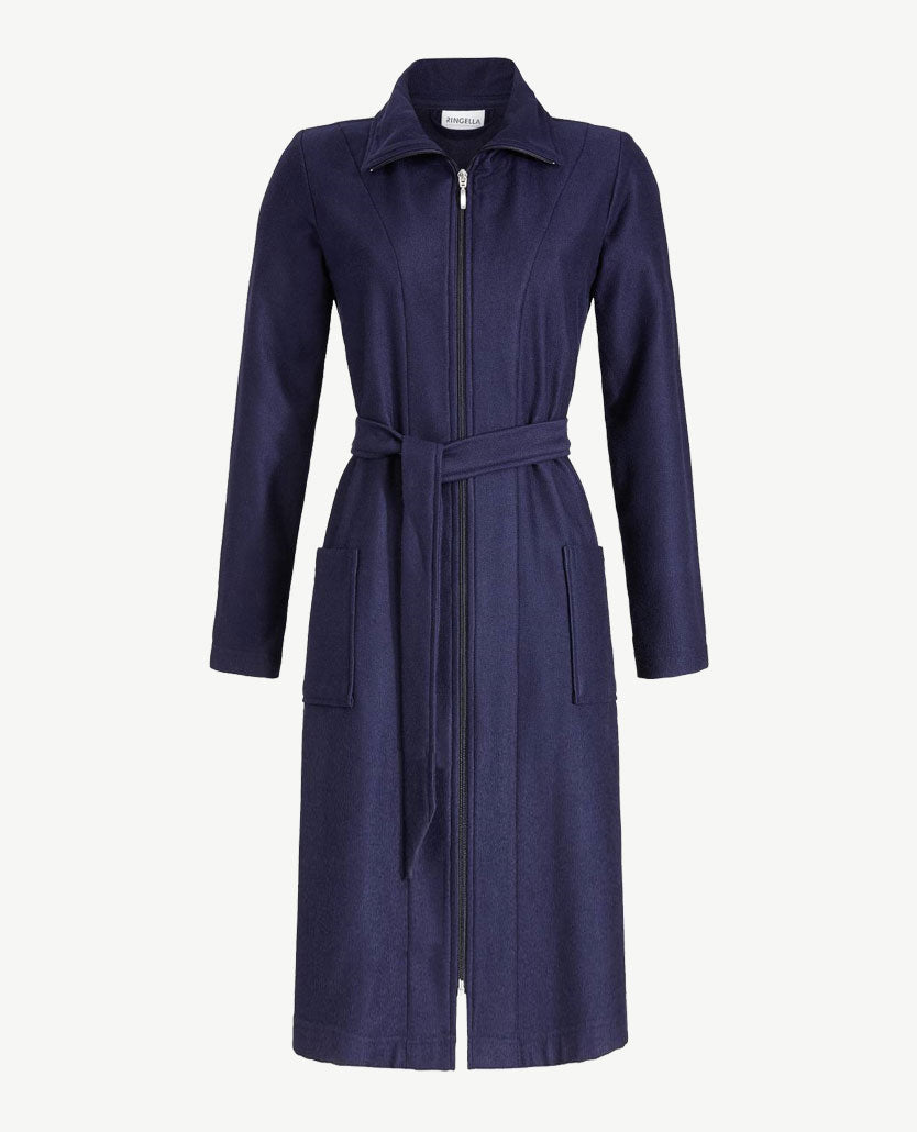 Ringella -  Ochtend-badjas in een fijne badstof met rits - navy