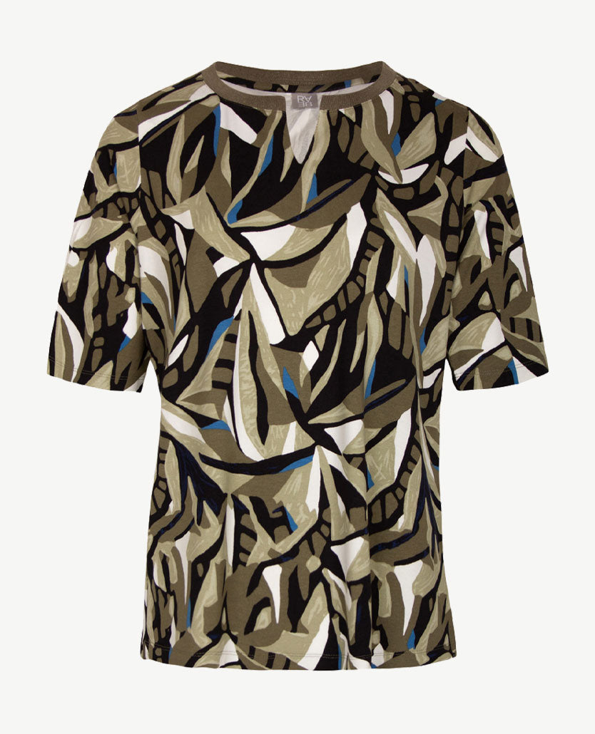 Rabe - Ronde hals v-hals - Khaki met zwart, kobalt en wit