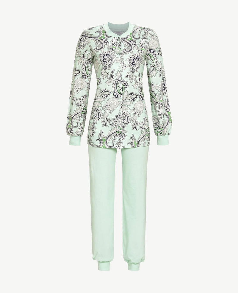 Ringella - Klassieke pyjama - doorknoop met boordje - Paisley groen, wit en navy