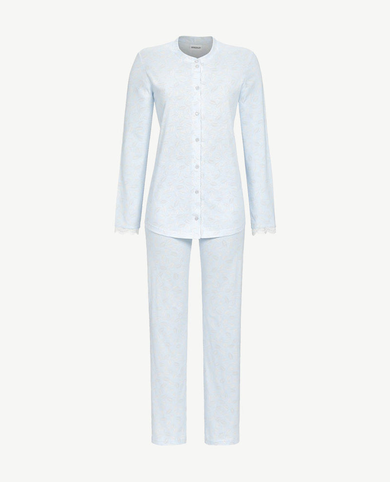 Ringella - Klassieke pyjama - doorknoop met boordje - Blauw met bladdessin