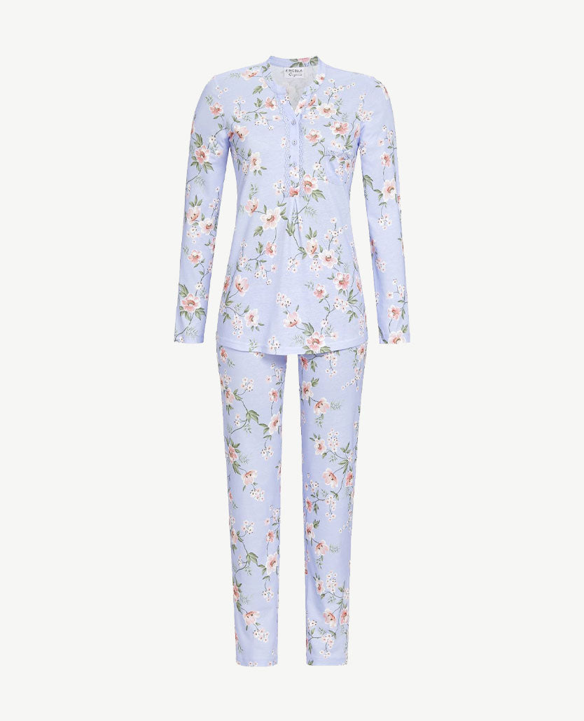 Ringella - Klassieke pyjama knoopsluiting - ronde v-hals - Bloem wit, rose, groen en bleu