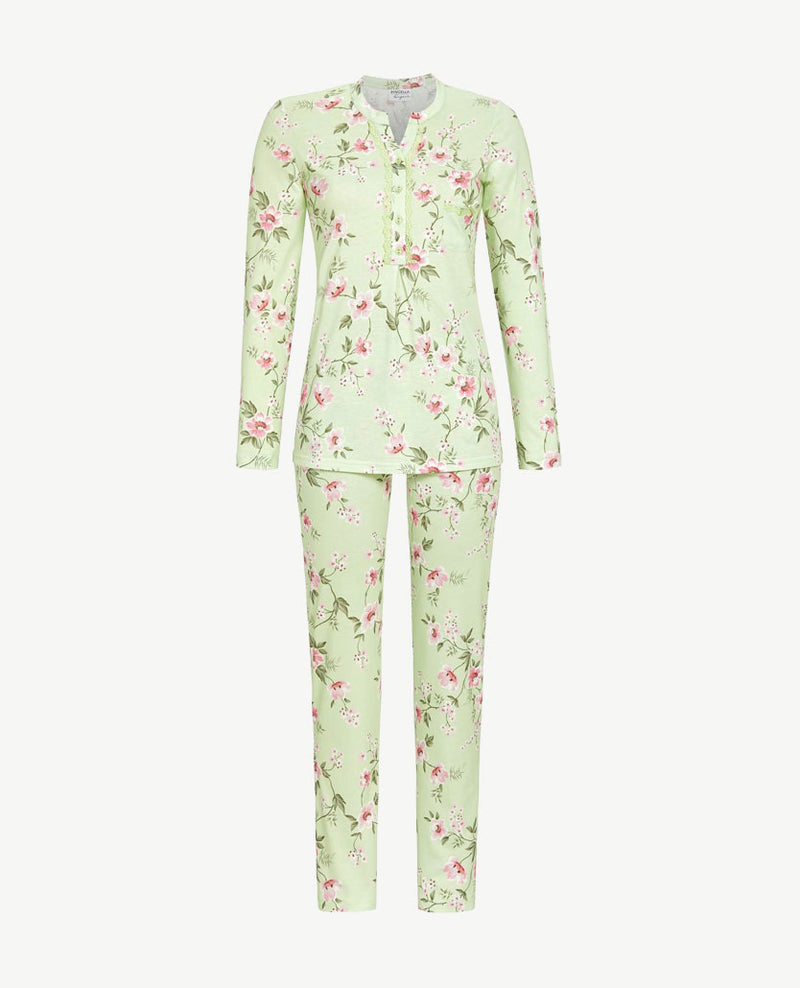 Ringella - Klassieke pyjama  knoopsluiting - ronde v-hals - Bloem wit, rose en groenen