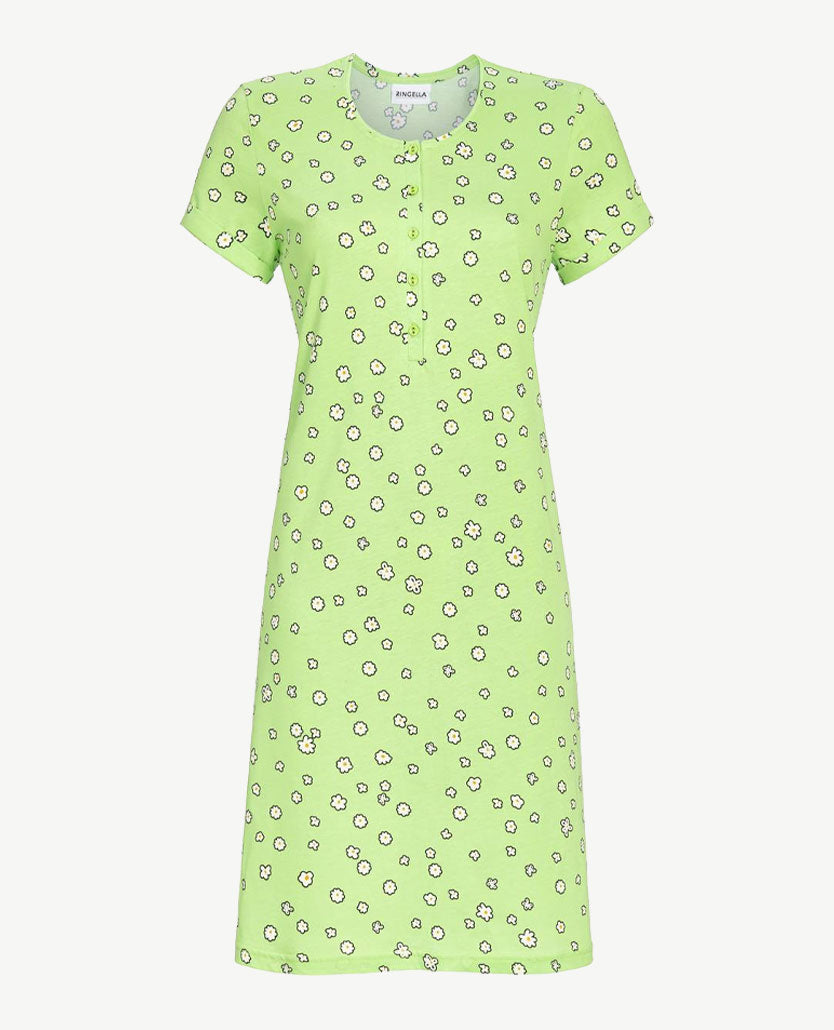 Nachthemd met knoopjes - ronde hals - Groen met bloemetjes
