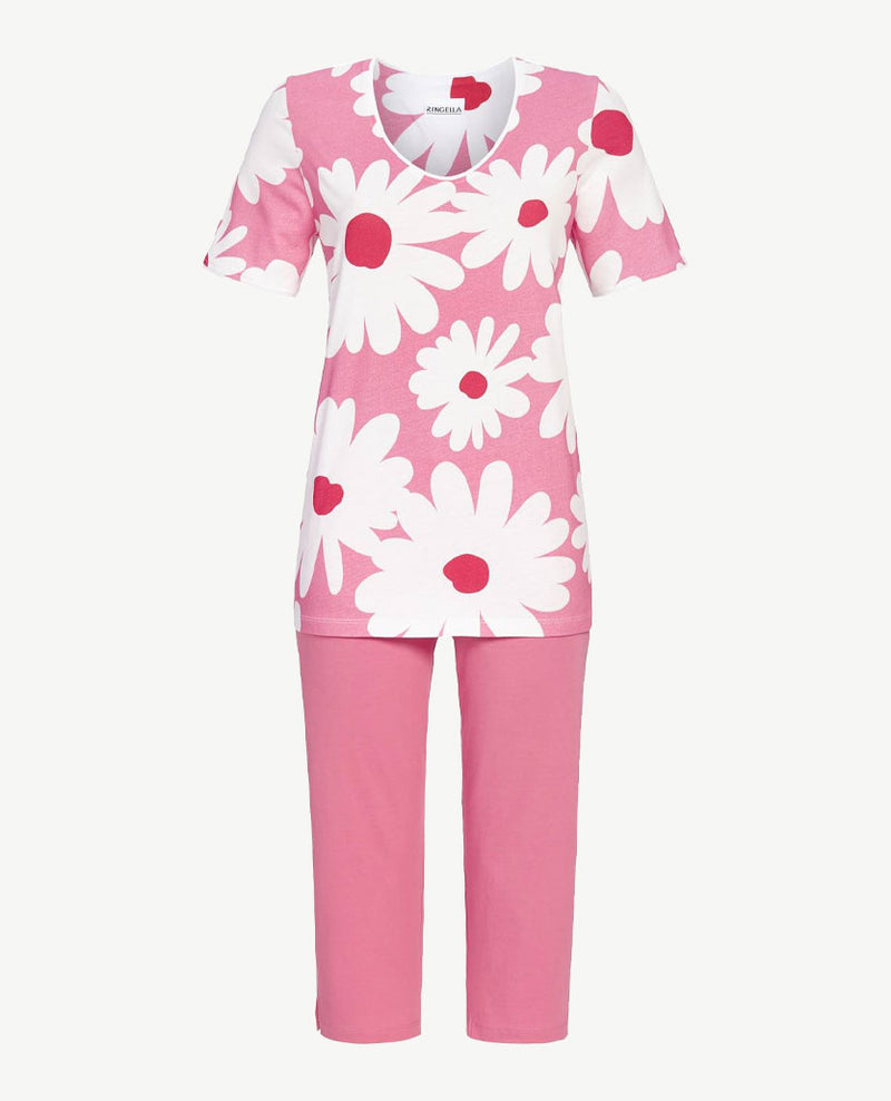 Ringella - Loungepyjama dames - Capri broek - Grote bloem pink met wit
