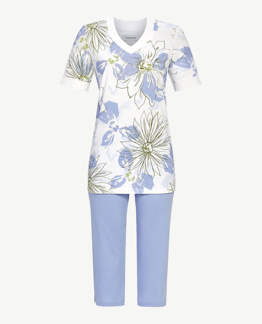 Ringella - Damespyjama - v-hals - Capri broek - Groot dessin met blauwen, groen en wit