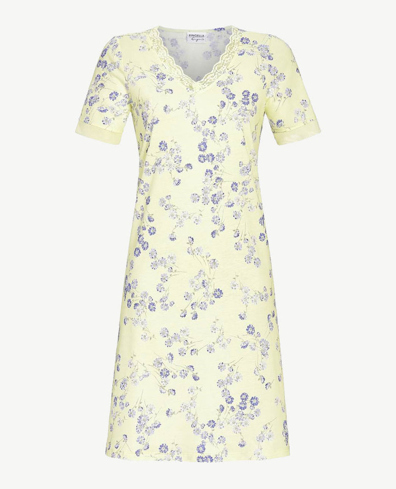 Ringella - Klassiek nachthemd - V-hals met kantje - Lavendel met zacht geel en wit