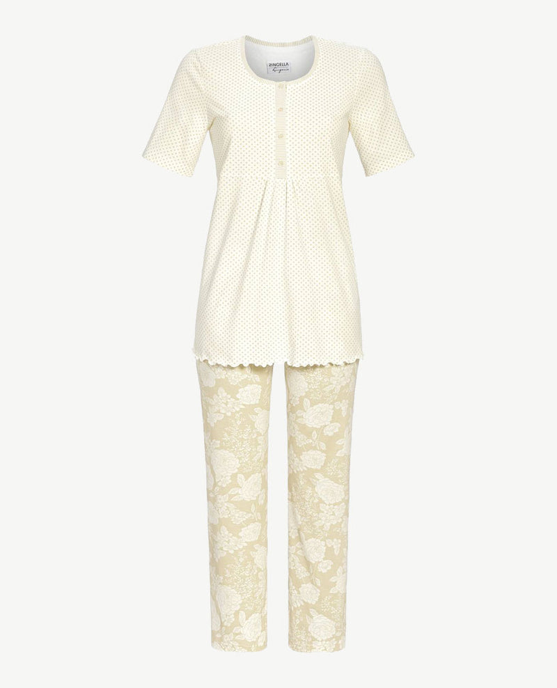 Ringella - Pyjama knoopsluiting - 7-8 broek -  Bloemdessin en beige nopje