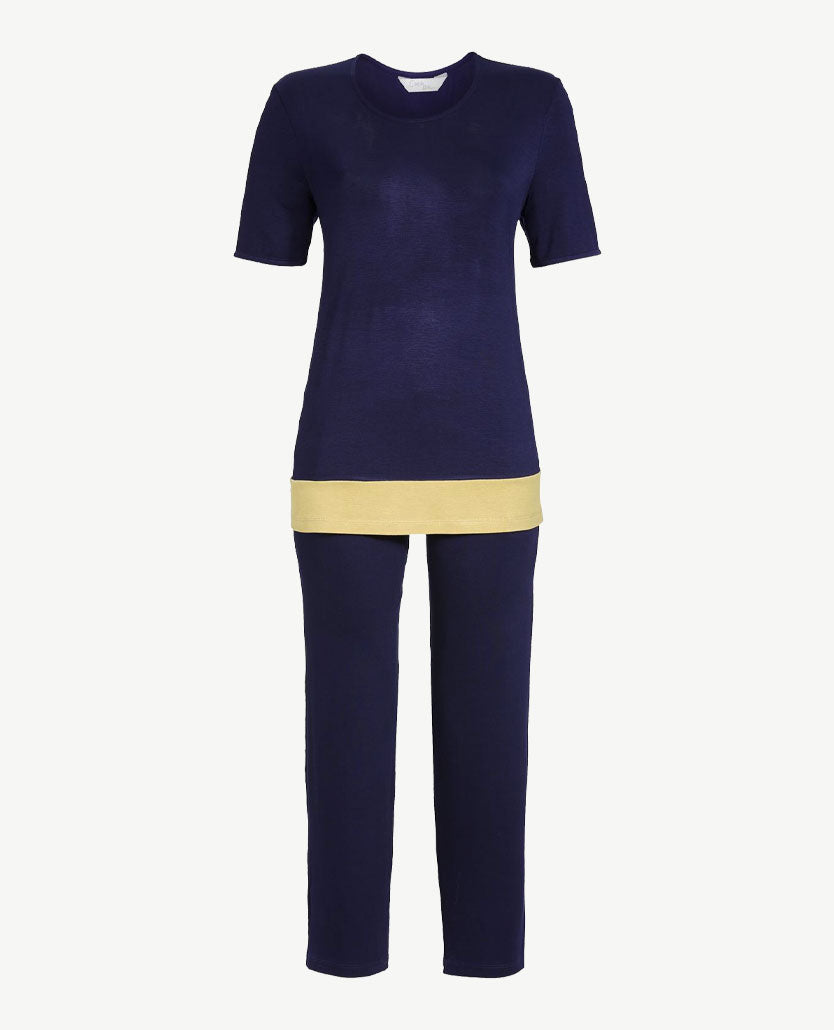 Ringella - Pyjama-lounge - 7-8 broek - ronde hals - Navy met beige