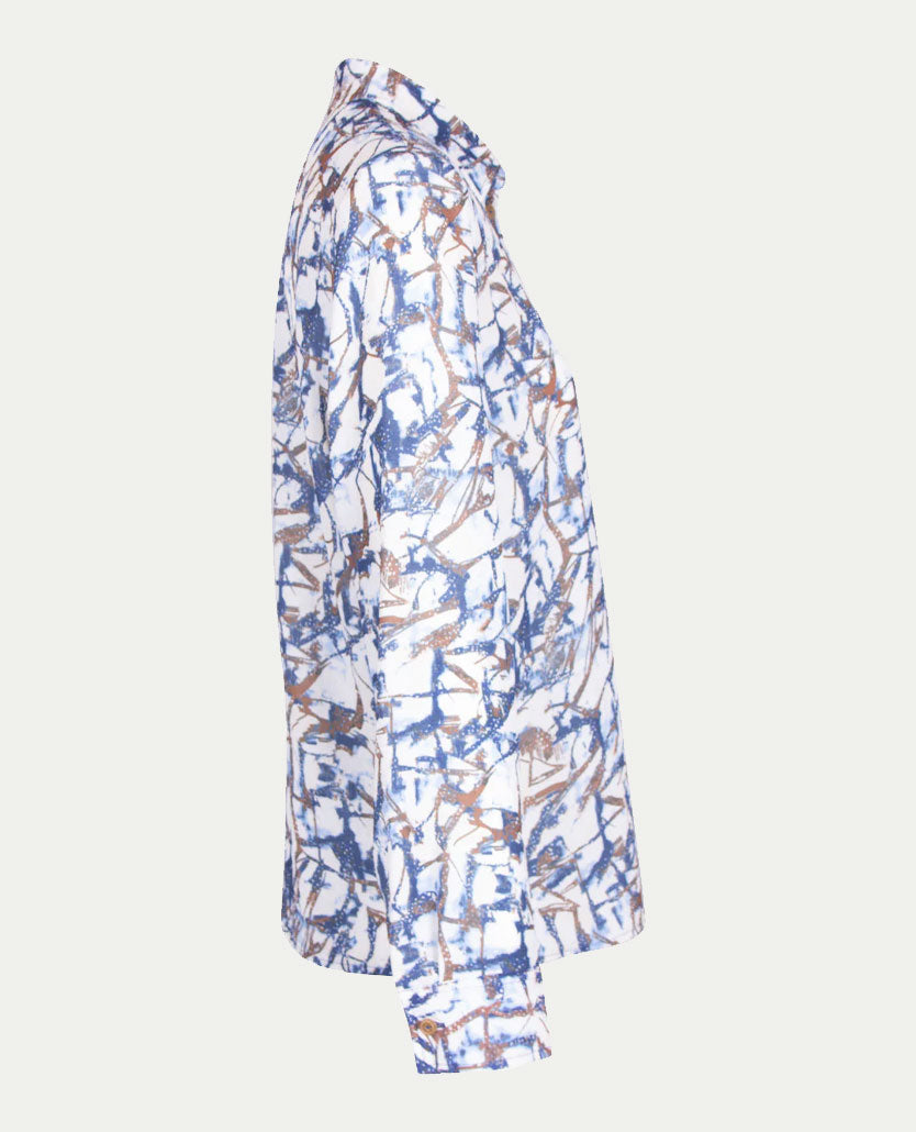 Erfo - Blouse - Dessin van blauw, cognac en off-white