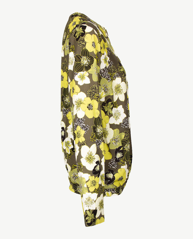 Frank Walder  - Blousontop - ronde v-hals - in bloemdessin van groenen met  wit en zwart