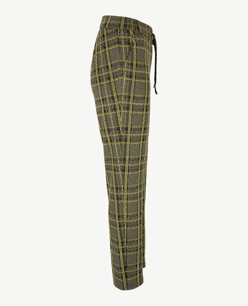 Frank Walder - Jersey pantalon met elastiek rondom - Grove tweed ruit, zwart, donkergroen, pistache
