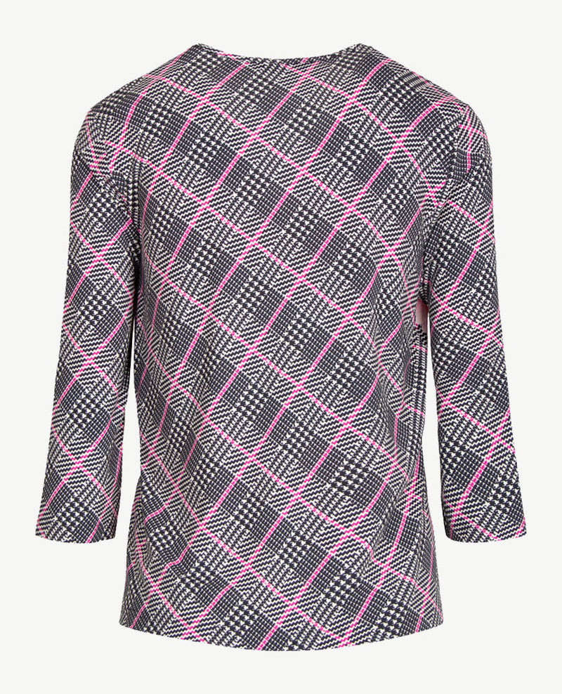 Frank Walder  - T-shirt ronde hals - Pied de coq marine met pink en wit