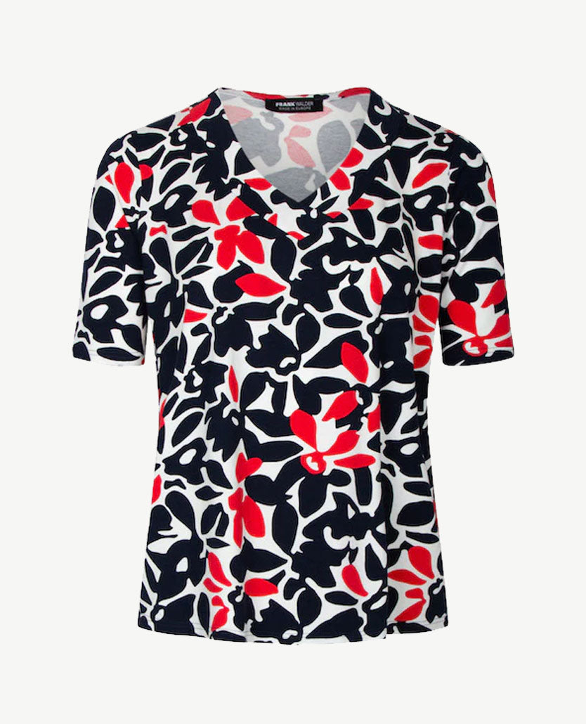 Frank Walder  - Top met v-hals - Dessin navy, wit en fris rood