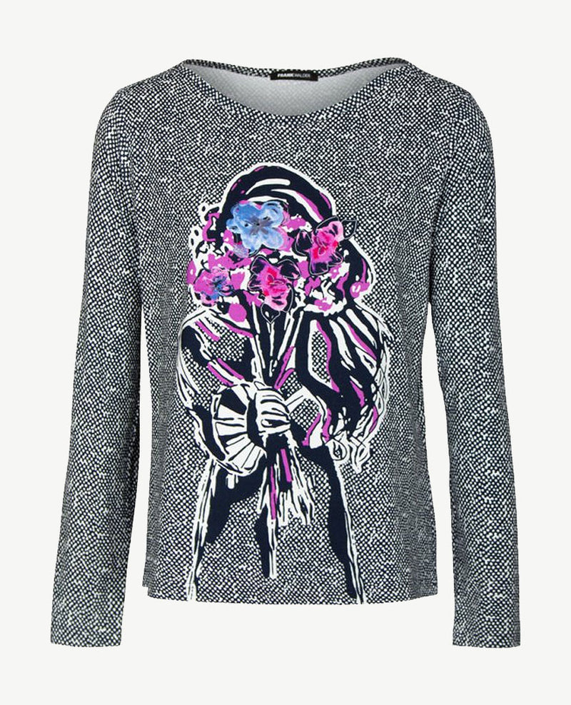 Frank Walder - Top - rondeboot hals l/m - Dessin navy/wit/cyclaam