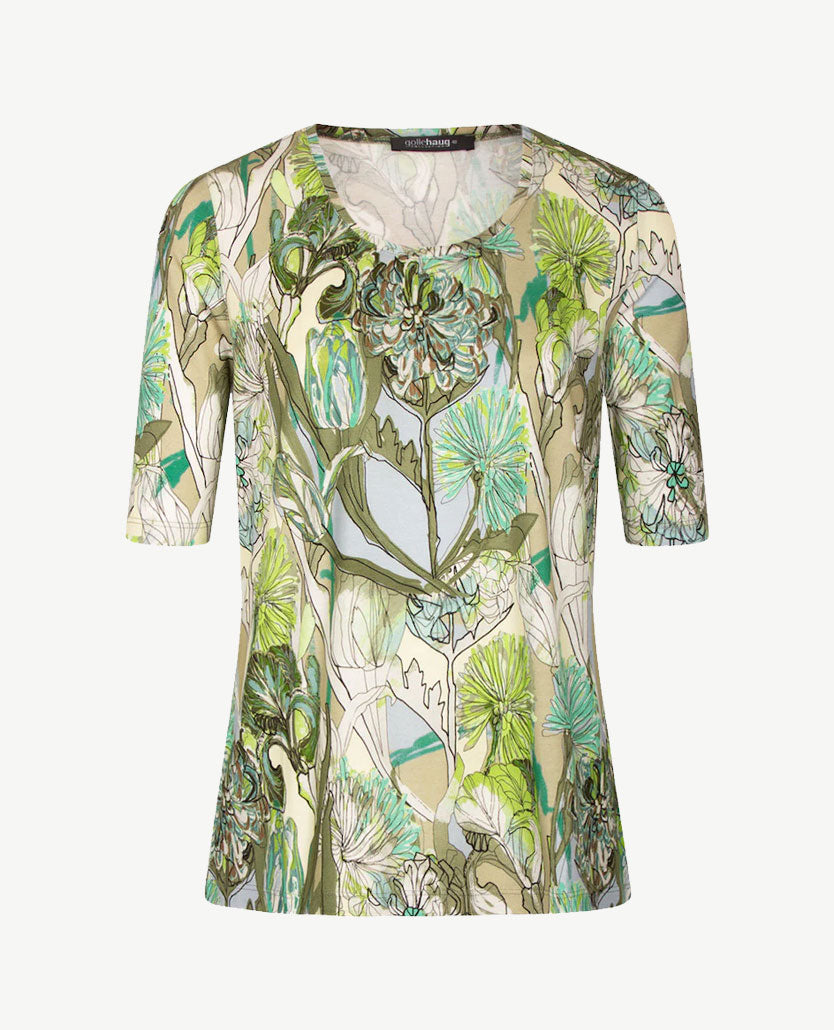 Gollé Haug - Top ronde hals - Dessin floral met groen, beige, khaki en wit