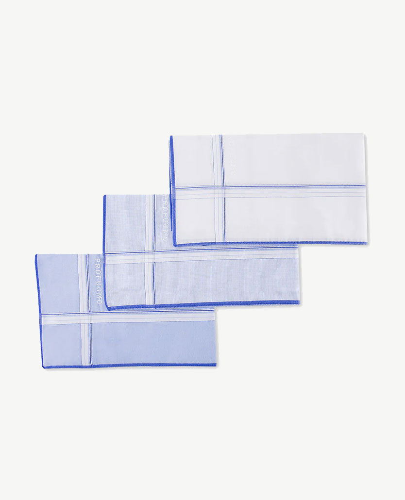 Profuomo - Zakdoeken - Satijnkatoen - 3 stuks - Blauw-wit