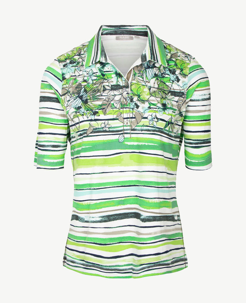 Rabe - Polo - dessin streep en bloem in groenen met beige