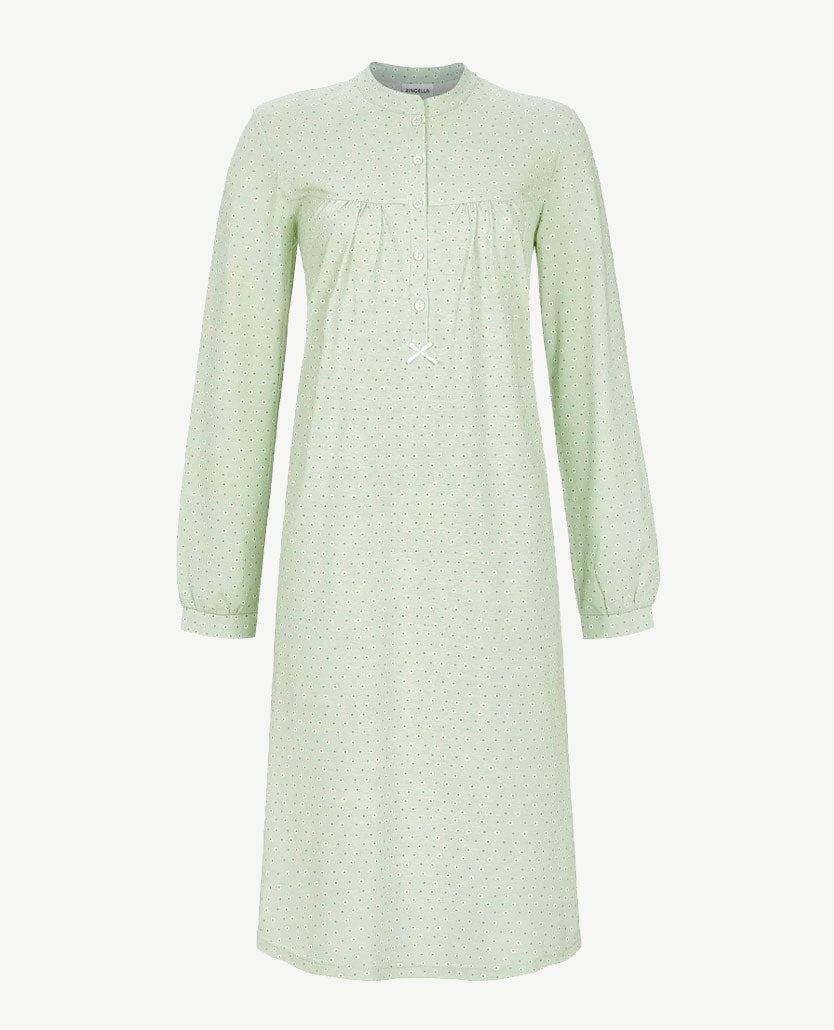 Ringella - Klassiek lang nachthemd met boordje - Groen met wit en iets taupe
