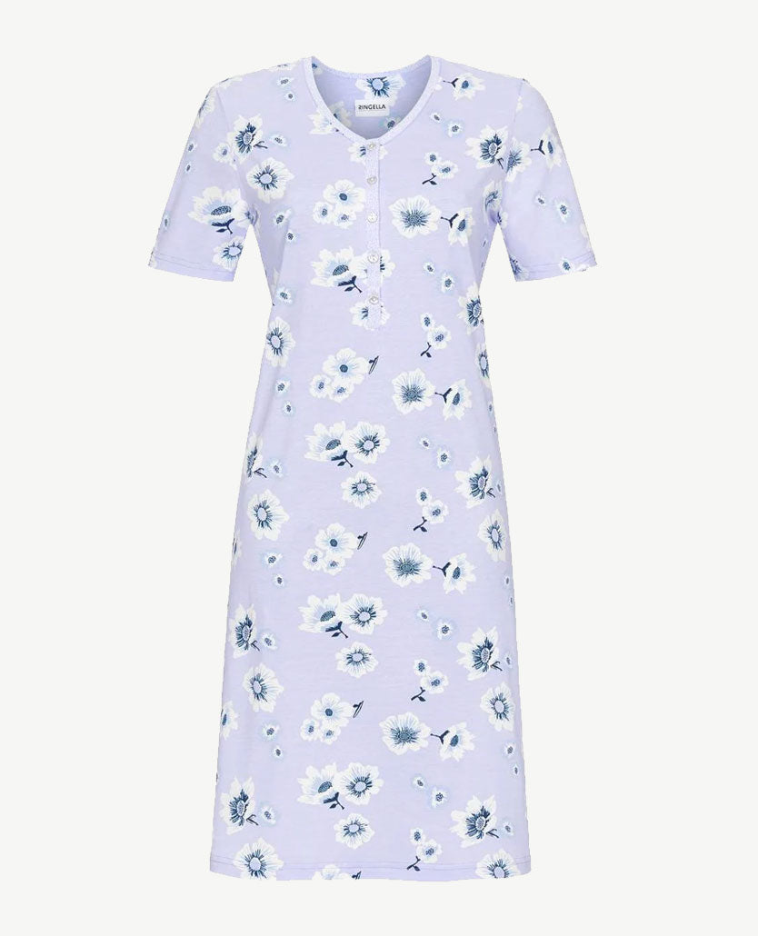 Ringella - Klassiek nachthemd met knoopjes - V-hals - Bloemdessin en lavendel nopje