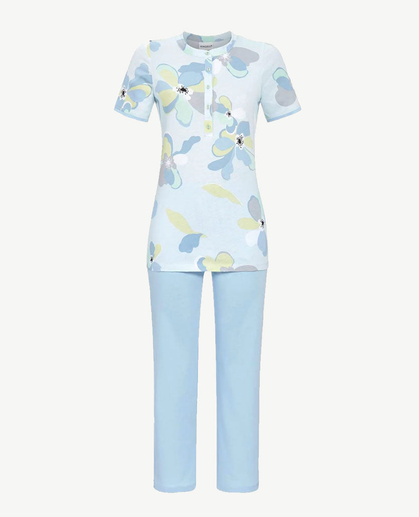 Ringella - Klassieke pyjama - Knoopsluiting - Bloemdessin in blauwe pastellen met wit en groen