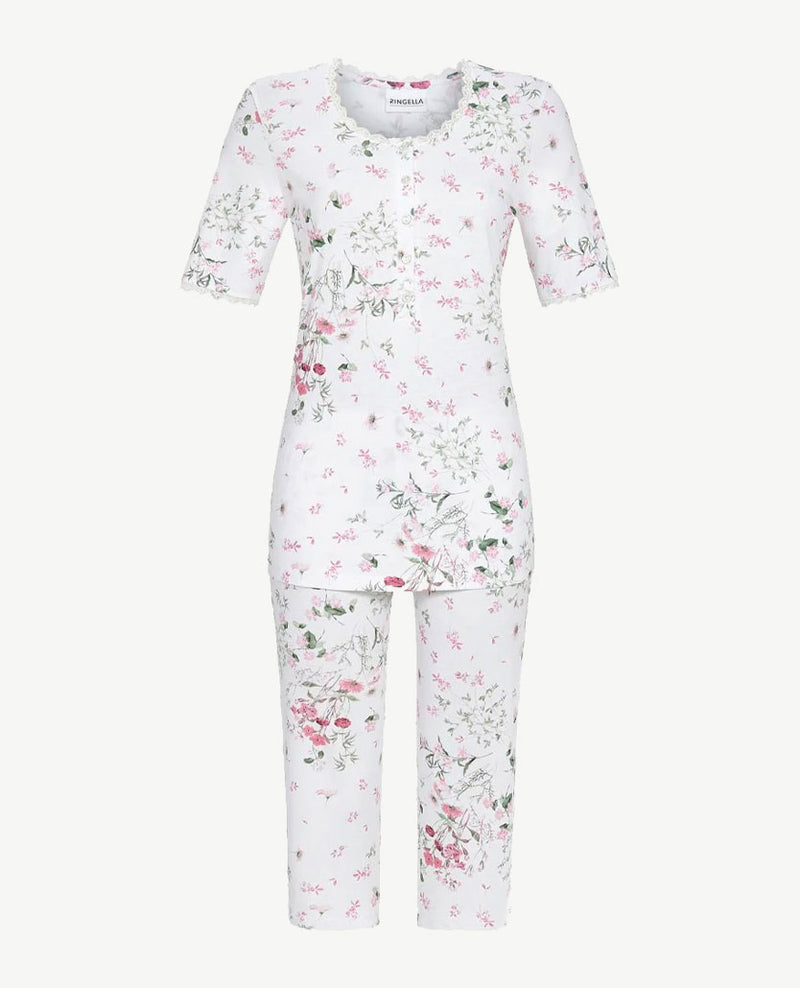 Ringella - Klassieke pyjama - Knoopsluiting - Bloemdessin met kant - Off-white met pastels