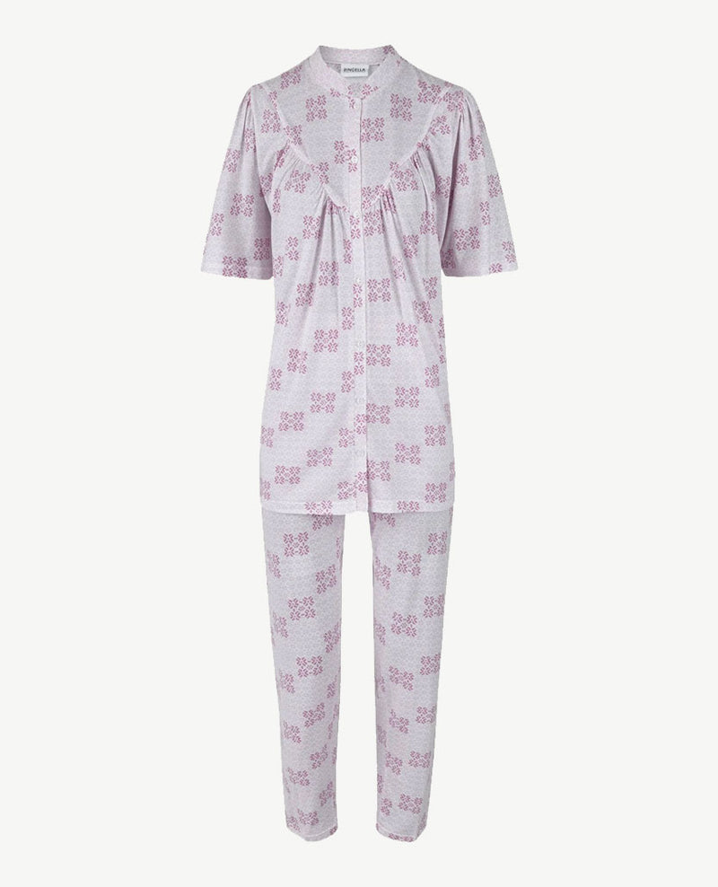 Ringella - Klassieke pyjama - doorknoop - met boordje - 7/8 broek - Dessin roze/wit