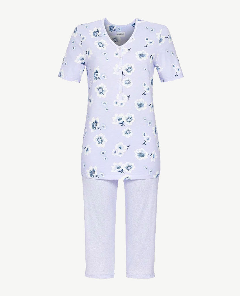 Ringella - Klassieke pyjama knoopsluiting - capribroek -  Bloemdessin en lavendel nopje
