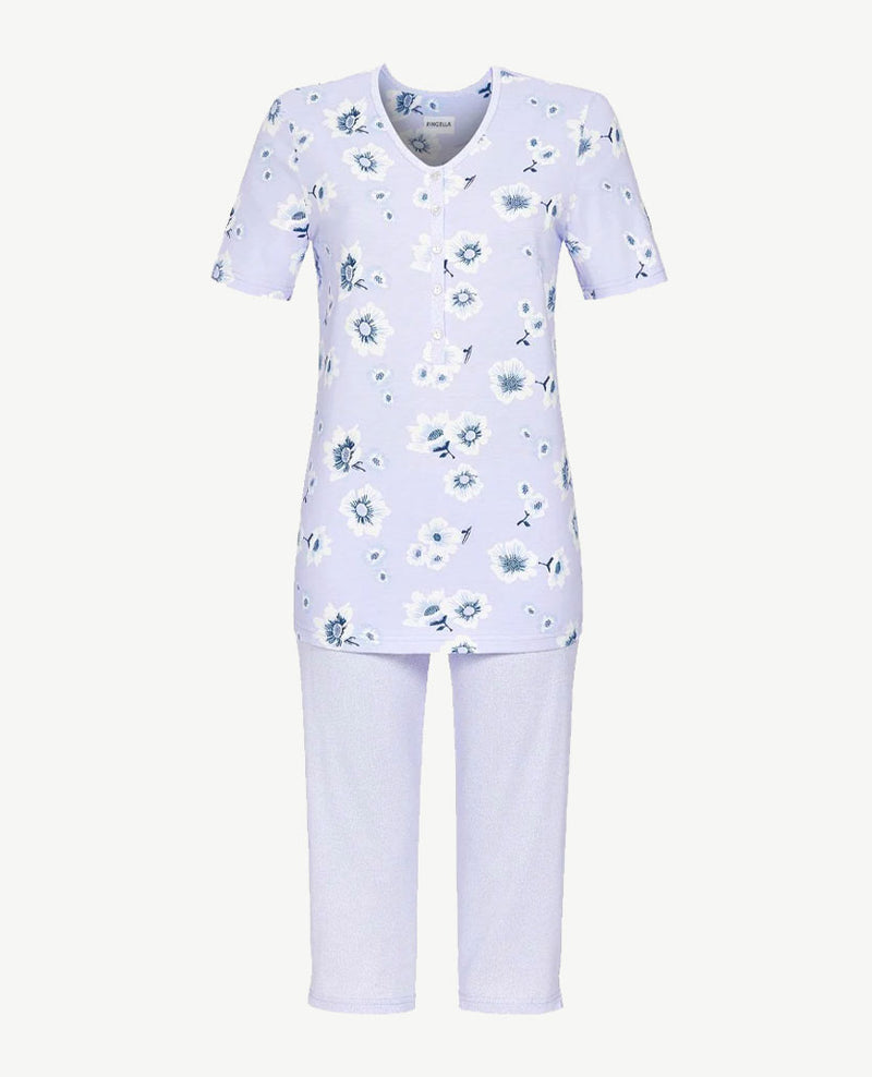 Ringella - Klassieke pyjama knoopsluiting - capribroek -  Bloemdessin en lavendel nopje