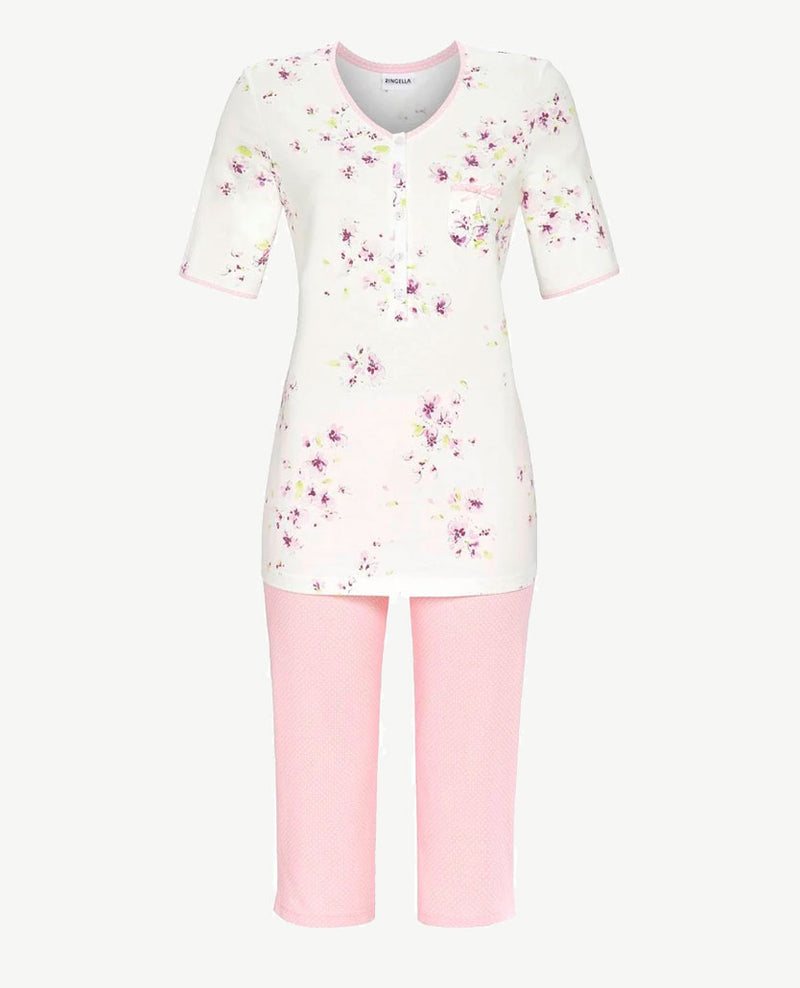 Ringella - Klassieke pyjama met v-hals - Capri broek - Dessin bloem met nopje -roze