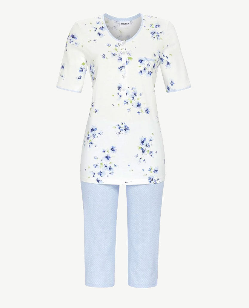 Ringella - Klassieke pyjama met v-hals - Capri broek - Dessin bloem met nopje