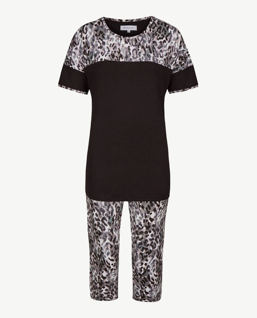 Ringella - Loungepak/pyjama - ronde hals en dessin capri broek - Dessin leopard zwart/wit/grijs