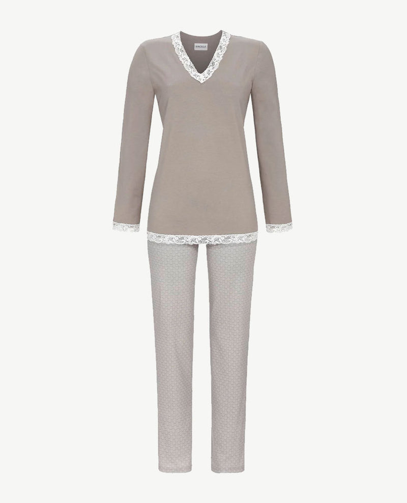 Ringella - Lounge/pyjama - V-hals en broek met dessin - Taupe, off-white en kant