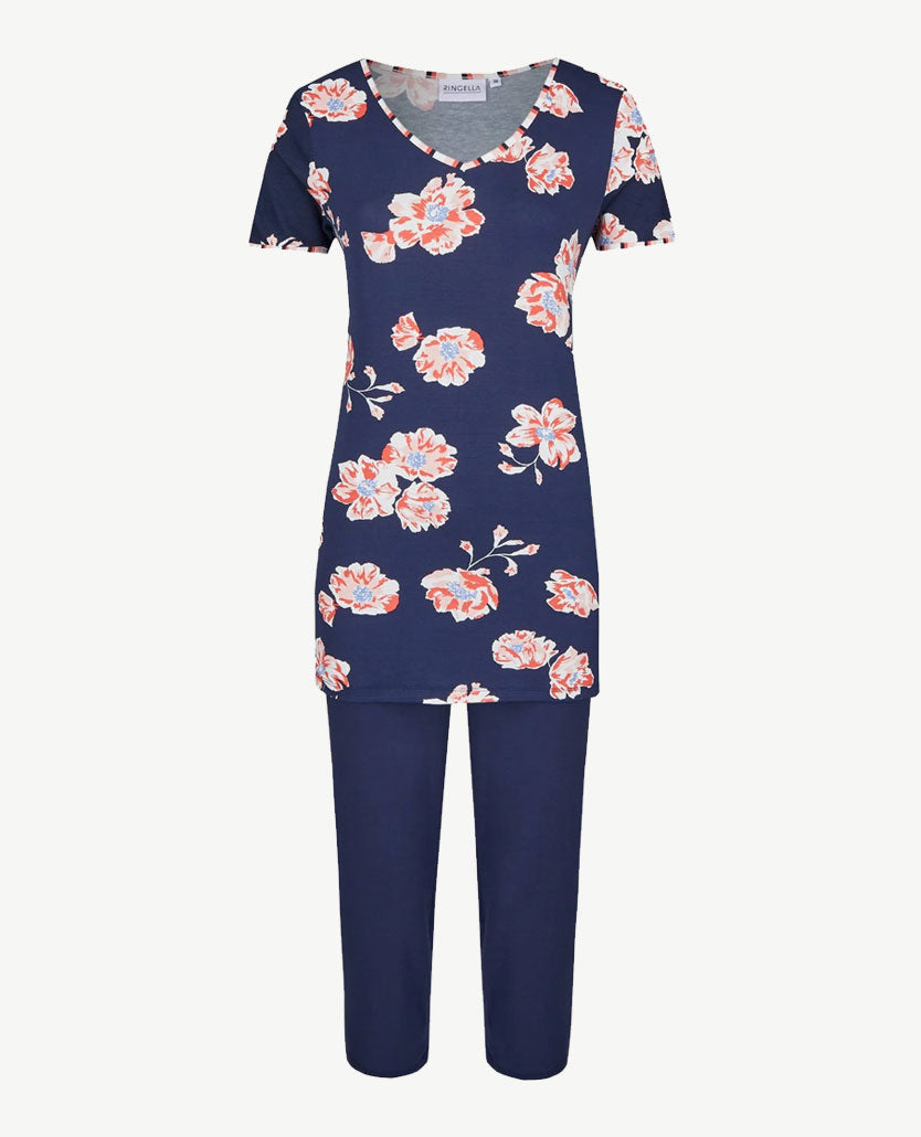 Ringella - Lounge/pyjama - V-hals en capri broek met print - Navy met bloem
