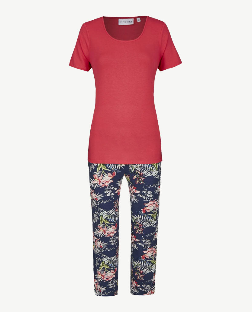 Ringella - Lounge/pyjama - ronde hals en 7/8 broek met print - Rood met dessin floral