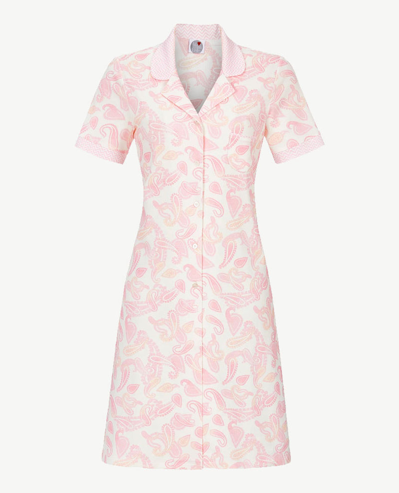 Ringella - Nachthemd doorknoop met kraag - Wit roze paisley en zigzag dessin
