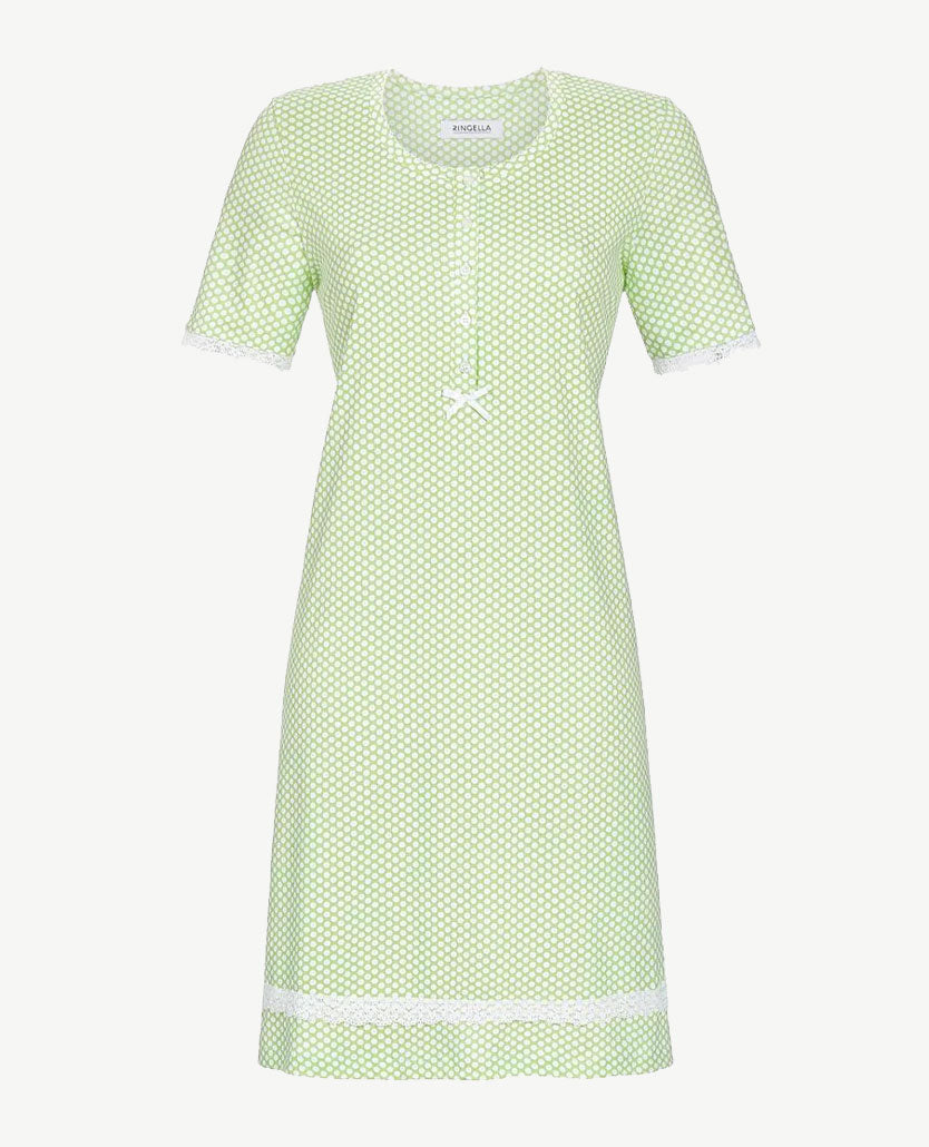 Ringella - Nachthemd met knoopjes - ronde hals - Nopje en kant wit op groen