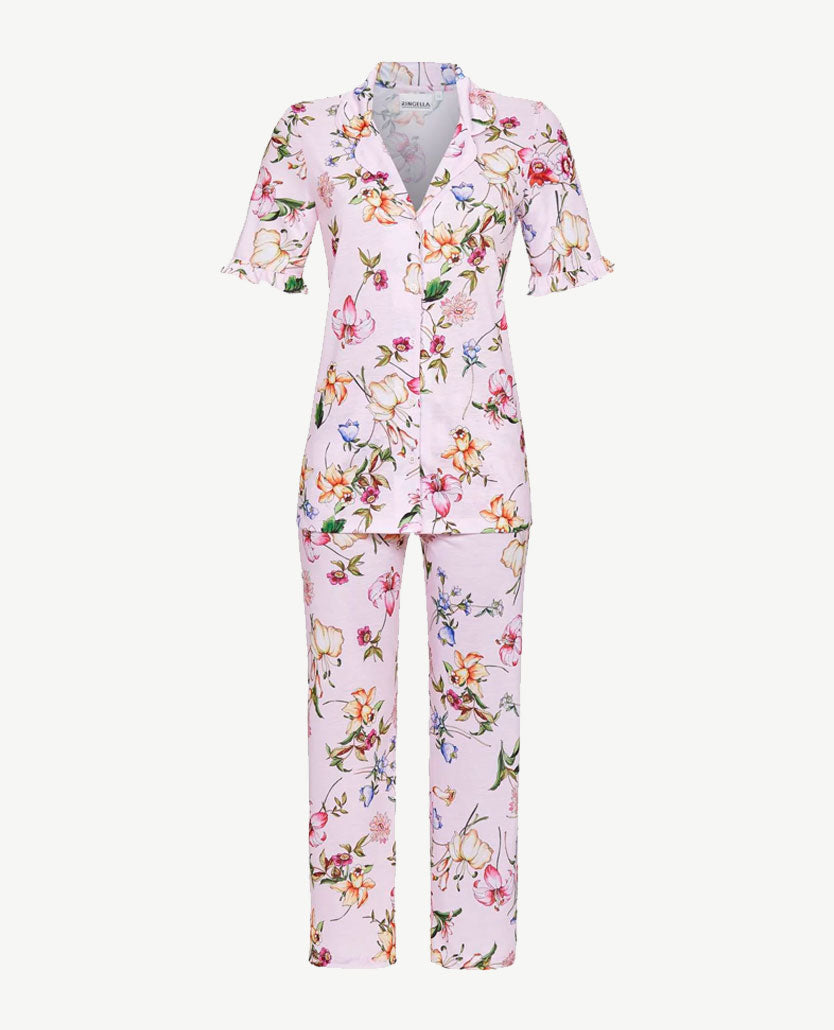 Ringella - Pyjama doorknoop - met 7-8 broek - Groot dessin op rose basis