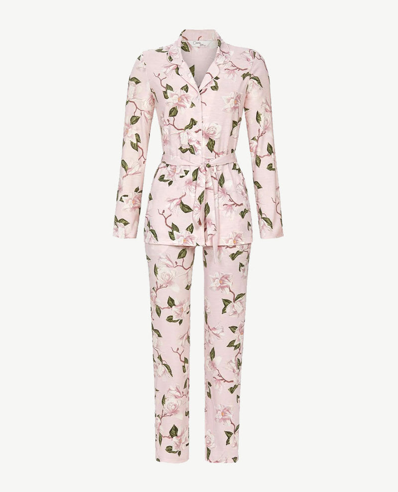Ringella - Pyjama doorknoop met kraag - Grote bloem op roze basis