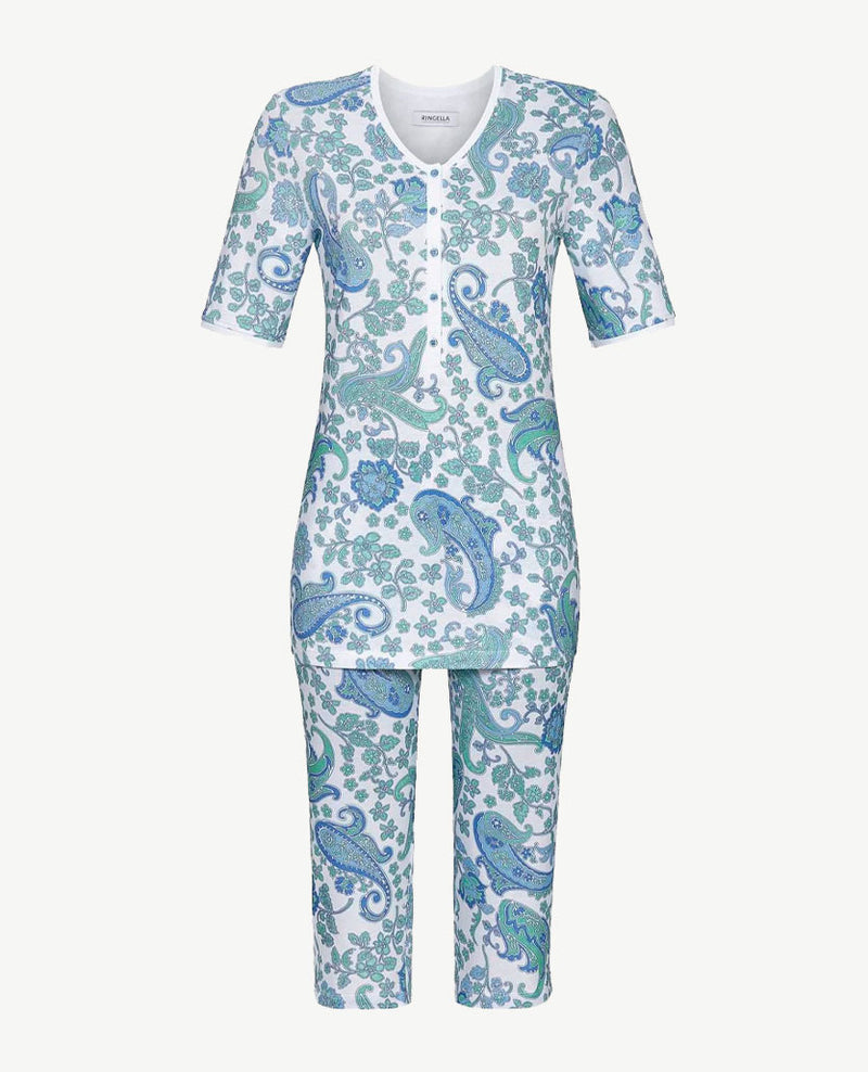 Ringella - Pyjama knoopjes - capri broek - Dessin groen, blue en wit